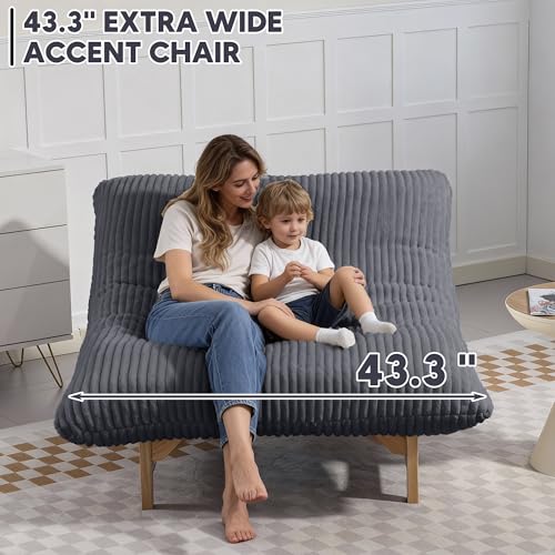 Modern Accent Chair for Living Room, Comfy Corduroy Chaise Lounge with Solid Wood Base, Oversized Single Sofa Reading Armchair with Thick Padded Cushion for Bedroom Small Spaces, Dark Grey