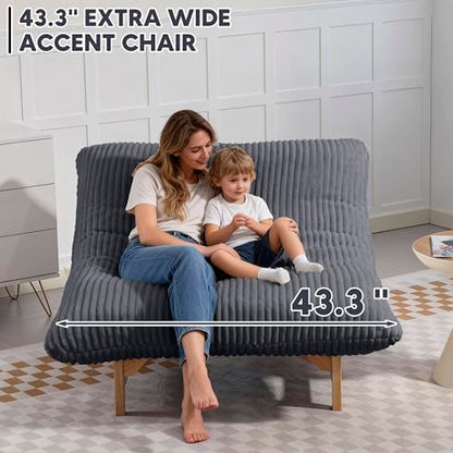 Modern Accent Chair for Living Room, Comfy Corduroy Chaise Lounge with Solid Wood Base, Oversized Single Sofa Reading Armchair with Thick Padded Cushion for Bedroom Small Spaces, Dark Grey