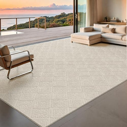 U'Artlines 9x12 Beige Washable Area Rug for Living Room | Soft Fluffy, High Low Textured Carpet, Modern Neutral, Geometric, Non Slip Rugs for Bedroom, Dining Room, Kids Room - size: 9 x 12ft