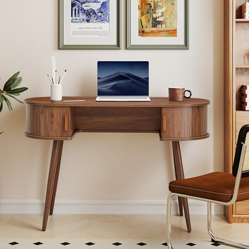 43" Wood Writing Desk, Laptop Desk with Storage, Vanity Table Study Desk | Mid-Century Writing Desk, Walnut Laptop Desk with Storage, Fluted Vanity Table Desk for Office, Bedroom, Study Room