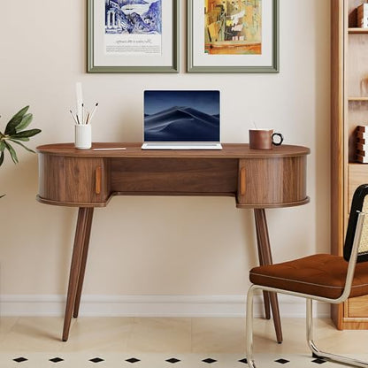 43" Wood Writing Desk, Laptop Desk with Storage, Vanity Table Study Desk | Mid-Century Writing Desk, Walnut Laptop Desk with Storage, Fluted Vanity Table Desk for Office, Bedroom, Study Room
