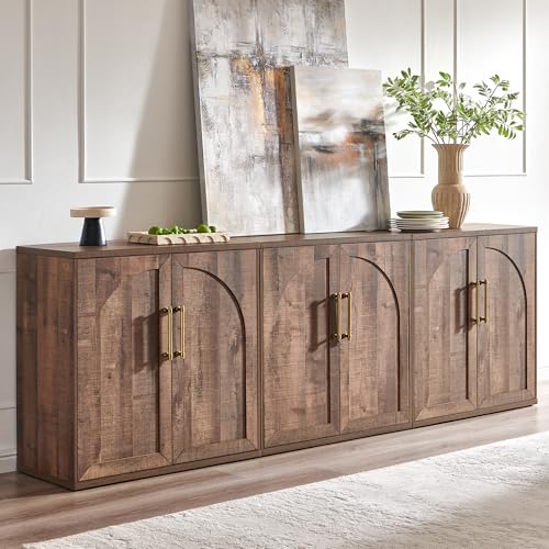 Arched Door Sideboard Buffet Cabinet Set of 3, Rustic Oak | Modular, Multi-Compartment Storage, Adjustable Shelf, Soft Close Hinges, Freestanding, for Dining Room, Living Room - color: Rusti Brown