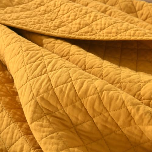 Wistown Cotton King Bedspread Quilt Bedding Set, Yellow | 3 Pieces Reversible Lightweight Soft Coverlets Comforters, All Seasons, Diamond Stitching Pattern - color: Yellow Diamond Pattern, size: King (98 by108inch)