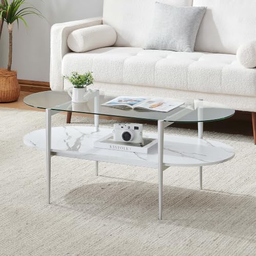 LumFurn Oval Glass Coffee Table, Mid-Century Modern Design for Living Room, L41xW21xH17inch, Clear Glass, White Marble Finish Wood & Silver Finish Frame - color: Oval L41" Silver & White Marble