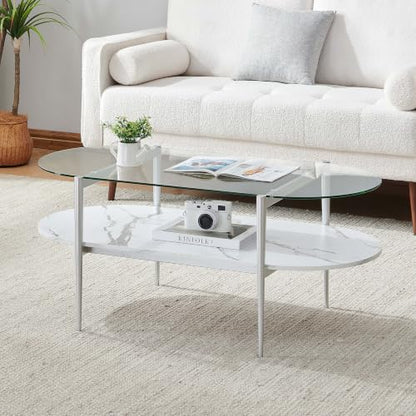 LumFurn Oval Glass Coffee Table, Mid-Century Modern Design for Living Room, L41xW21xH17inch, Clear Glass, White Marble Finish Wood & Silver Finish Frame - color: Oval L41" Silver & White Marble