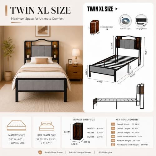 Twin XL Bed Frame with LED Lights & Charging Station | Upholstered Headboard & Footboard, No Box Spring Needed, Noise-Free Easy Assembly, Large Under Bed Storage - size: Twin XL