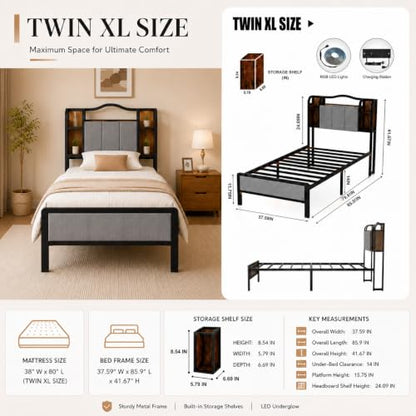 Twin XL Bed Frame with LED Lights & Charging Station | Upholstered Headboard & Footboard, No Box Spring Needed, Noise-Free Easy Assembly, Large Under Bed Storage - size: Twin XL