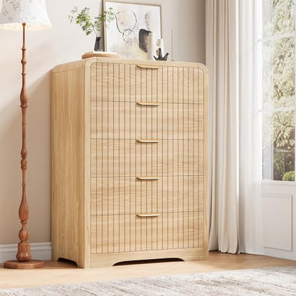 Jocoevol Fluted 5 Drawer Dresser, 43" Tall Dresser Chest of Drawers Curved Profile Design, Wood Mid Century Vertical Dresser Natural Texture for Bedroom, Natural Oak Dresser