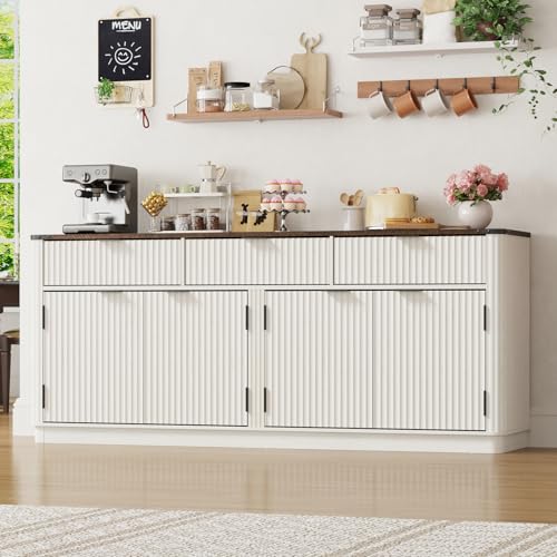 chartustriable 70” Rounded Edge Large Sideboard Buffet Cabinet with 3 Storage Drawers,Farmhouse Kitchen Fluted Sideboard Cabinet w 4 Door Shelves,Wood Coffee Bar Cabinets,Kitchen Pantry(Off White) - color: Off White