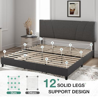 Novilla King Bed Frame and Headboard, Linen Upholstered King Size Bed Frame with Wood Slats Support, No Box Spring Needed, Heavy Duty Feet, Easy Assembly, Grey - color: Grey, size: King