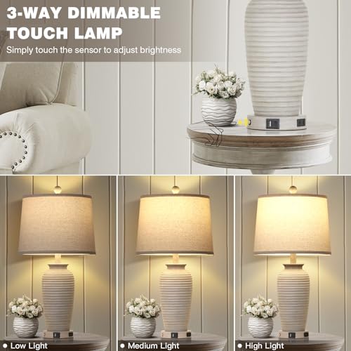 CINSARY 25" Farmhouse Jar Table Lamps Set of 2, 3 Way Touch Control Rustic Bedside Lamps with USB A+C Ports & AC Outlet, Pot Nightstand Lamps for Bedroom Living Room (LED Bulbs Included) - color: Light Gray