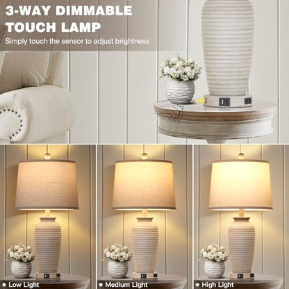 CINSARY 25" Farmhouse Jar Table Lamps Set of 2, 3 Way Touch Control Rustic Bedside Lamps with USB A+C Ports & AC Outlet, Pot Nightstand Lamps for Bedroom Living Room (LED Bulbs Included) - color: Light Gray