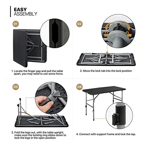 4Ft Folding Card Table, Picnic Cookout Table with Handle, Black | Outdoor, Foldable, Small Portable Plastic, Dining Picnic Cookout, w/Handle