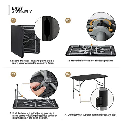 4Ft Folding Card Table, Picnic Cookout Table with Handle, Black | Outdoor, Foldable, Small Portable Plastic, Dining Picnic Cookout, w/Handle