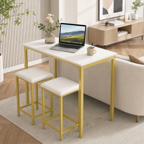 COSTWAY Dining Table Set, Counter Height Table & 2 Upholstered Stools | White & Gold, PU Leather Seats, Metal Frame, Modern, Space-Saving for Small Space Dorm & Kitchen Island - color: White & Gold