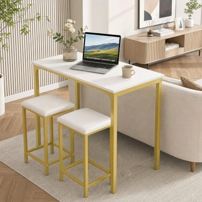 COSTWAY Dining Table Set, Counter Height Table & 2 Upholstered Stools | White & Gold, PU Leather Seats, Metal Frame, Modern, Space-Saving for Small Space Dorm & Kitchen Island - color: White & Gold