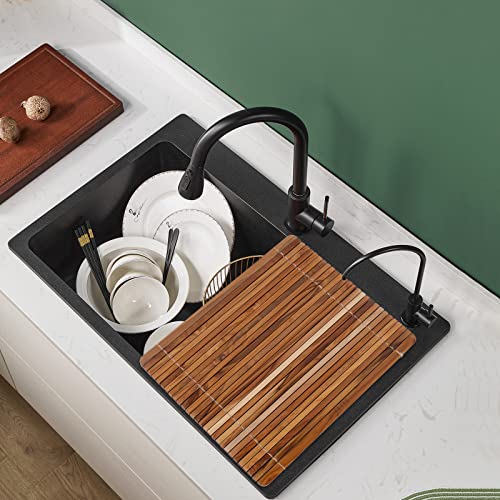 HTB Over Sink Dish Drying Rack 17.8'' x 16.1” Teak Wood | Roll Up Dish Drying Rack for Kitchen Counter,Space Saving,Collapsible Dish Drying Mat for Bowls,Vegetables,Fruits,Bottles