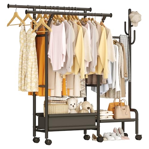 Homeiju Heavy Duty Clothes Rack Load 500LBS, Three Rods Clothing Racks for Hanging Clothes Extendable, Rolling Garment Rack with Sturdy Wheels, Basket, Storage Shelves, Black - color: Black