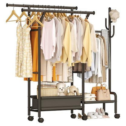 Homeiju Heavy Duty Clothes Rack Load 500LBS, Three Rods Clothing Racks for Hanging Clothes Extendable, Rolling Garment Rack with Sturdy Wheels, Basket, Storage Shelves, Black - color: Black