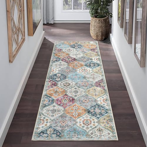 ROYHOME Runner Rug Washable Moroccan Trellis Hallway Runner, 2' x 6' | Stain Resistant Non-Slip Bedroom Rug Vintage Distressed Entrance Carpet for Laundry Kitchen, Purple/Grey - color: Purple/Grey, size: 2' x 6'