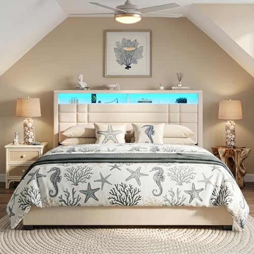 EnHomee Queen Upholstered Bed Frame with Charge Station & LED Lights, Beige | 2-Tier Shelves Headboard, 12" Under-Bed Storage Space, Noise-Free, No Box Spring Needed, Easy Assembly - color: Beige, size: Queen (U.S. Standard)