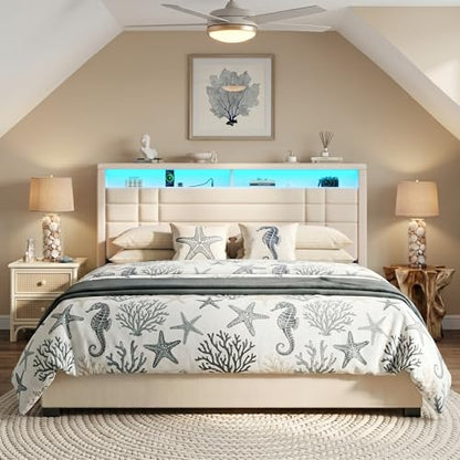 EnHomee Queen Upholstered Bed Frame with Charge Station & LED Lights, Beige | 2-Tier Shelves Headboard, 12" Under-Bed Storage Space, Noise-Free, No Box Spring Needed, Easy Assembly - color: Beige, size: Queen (U.S. Standard)