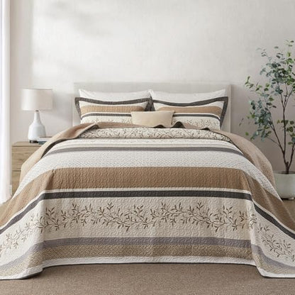 Oversized King Bedspreads 128x120, Reversible XL Bed Spread | 100% Cotton Extra Large Quilt Comforter, Farmhouse Botanical Pattern, Lightweight Bedding Set with 2 Shams, Khaki/Beige - color: Khaki/Beige/Gray, size: Oversized King Plus(128"x120")
