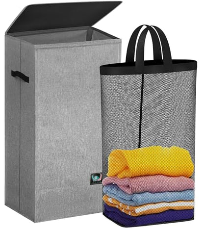 WTREE Laundry Hamper with Lid, Reinforced Sturdy Clothes Hamper with Anti-Puncture Base, Large Collapsible Laundry Basket with Removable Liner Bag, Tall Dirty Clothes Bin for Family, 100L Grey - color: Grey
