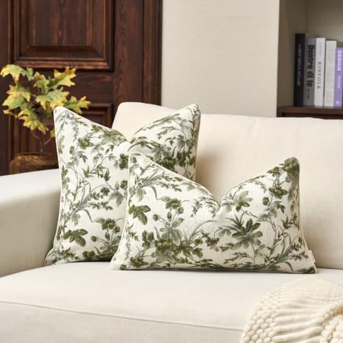 Vintage Floral Pillow Cover 18 x18 Inches, Nature Chenille Square Throw Pillow Cover Soft Luxury Neutral Accent Couch Pillow Cover for Living Room Bedroom, Green - color: Green, size: 18" x 18" (Pack of 1)