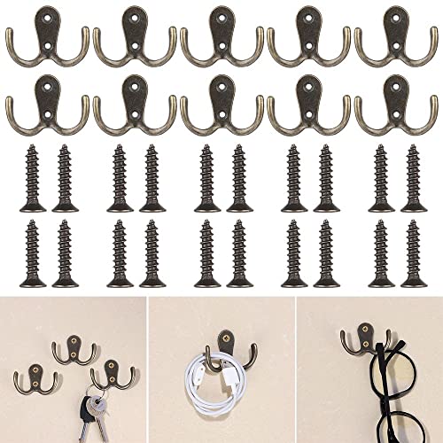 HomeSoGood 10pcs Metal Antique Hooks Double Prong Wall Door Coat Hanger Retro Key Holder Hat Bag Clothes Towel Organizer Shelf Storage(2.16inch,Bronze Tone)