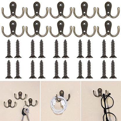 HomeSoGood 10pcs Metal Antique Hooks Double Prong Wall Door Coat Hanger Retro Key Holder Hat Bag Clothes Towel Organizer Shelf Storage(2.16inch,Bronze Tone)