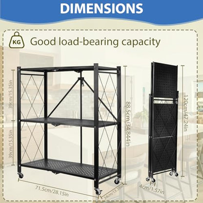 3-Tier Foldable Storage Shelf with Wheels, Metal Collapsible Shelving Unit, Rolling Utility Cart for Kitchen Pantry Closet Office, Pre-Assembled Storage Rack Organizer - size: 3-Tier