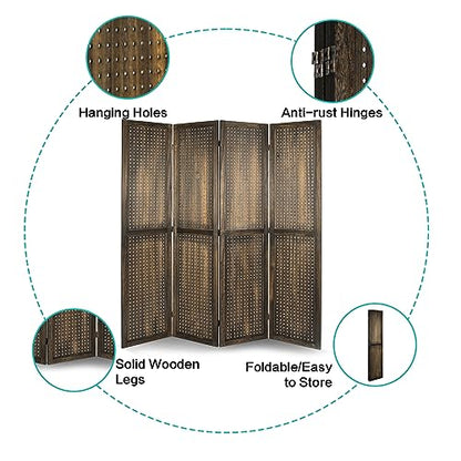 4 Panel Pegboard Room Divider | Folding Freestanding Display Screen, Privacy Partition for Retail, Craft Shows, Home Office, and Exhibition Use Dark Brown - color: Dark Brown-4 Panel, size: 4 Panel
