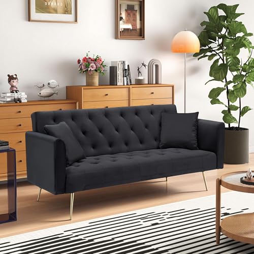 Anwick 72''Modern Velvet Sofa Bed Futon,Convertible Folding Sleeper Couches with 3 Adjustable Backrests,Tufted Recliner Loveseat with Golden Chrome Legs for Living Room Apartment Office (Black) - color: Black