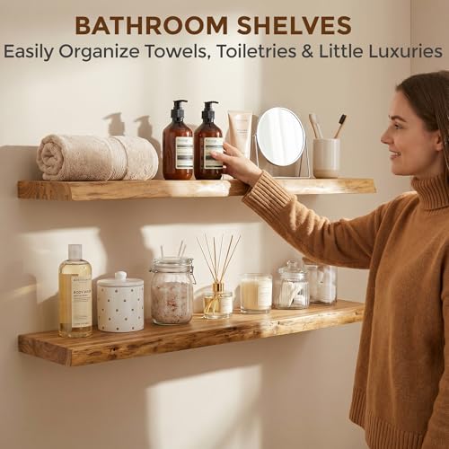 Dreamland 36 Inch Long Floating Shelves Set of 2, Rustic Solid Elm Wood Live Edge Floating Shelf Wall Mounted, 8 Inch Deep Wooden Wall Shelves for Living Room, Bedroom, Bathroom, Kitchen, Natural - color: Natural, size: Live Edge - 36"L