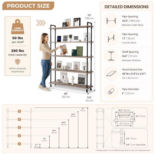 Industrial Bookshelf, Pipe Shelf Bookcase, 5 Tier, 48" Weathered Brown | Solid pine shelves, 48 inch wide, black pipe frame, 50 lbs per shelf, open bookcase for books, plants, office - color: Weathered Brown, size: 48"L × 70"H