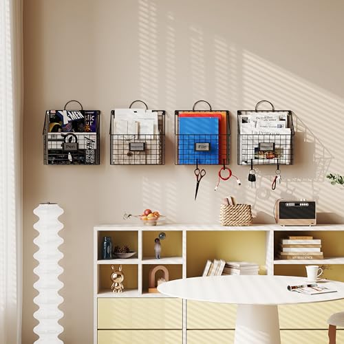 4 Packs Hanging Wall File Organizer with Hooks, Magazine Rack ,Mail Basket | Metal Wall Mounted File Holder Folder with Handles , Home Office Organization for Papers Book, No Assembly Required, Black