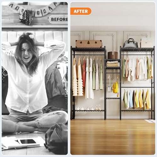 PioneerWorks Heavy Duty Garment Rack 1210 LBS, Commercial Clothing Rack with 4 Adjustable Shelves, Freestanding Wardrobe Closet Organizer, Metal Storage Rack for Home, Retail, Laundry Room - size: 86.2"W x 17.3"D x 76.4"H