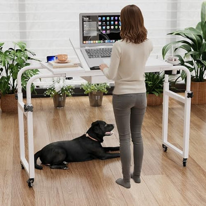 GiftGo Overbed Table with Wheels Rolling Laptop Desk Cart Table Height and Length Adjustable for Hospital and Home Use Over The Bed Table with Storage Drawer and Cup Holder (White, 31.5 to 47) - color: White