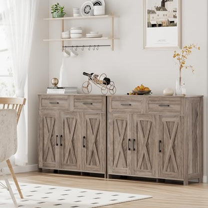 Homhedy Coffee Bar Storage Cabinet with Drawers, Kitchen Buffet Cabinet | Sideboard Cabinet with Doors, Farmhouse Buffet Cabinet, Adjustable Shelves, for Kitchen / Dining / Living Room, Greige - color: Greige