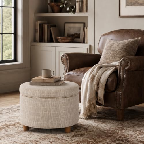 HomePop 24" Large Round Storage Ottoman - Tan Geometric Pattern - color: Tan Geometric Pattern