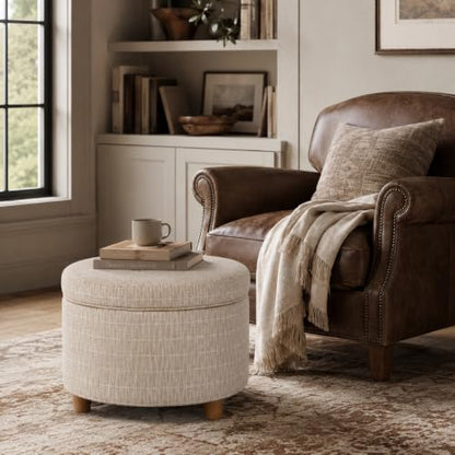 HomePop 24" Large Round Storage Ottoman - Tan Geometric Pattern - color: Tan Geometric Pattern