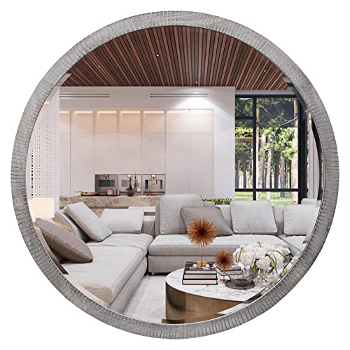 35" Round Wood Mirror, Farmhouse Large Wooden Mirror, Washed Gray | Rustic Wood Round Mirror for Wall Decor, Beleved Wall-Mounted Mirror, Wooden Circle Mirror for Entryway, Living Room - color: Washed Grey, size: 35"L x 35"W