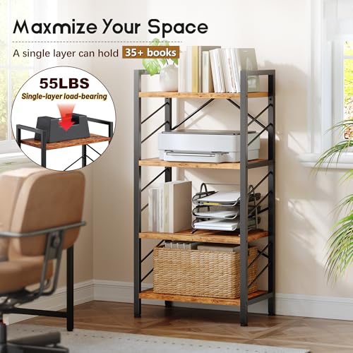 DurayLoly 2 Pieces 4 Tier Bookshelf for Narrow Space, Rustic Brown | Small Space Dwellers , Sidebars and Metal Frame - color: Rustic Brown, size: 4 Tier - 2 pcs