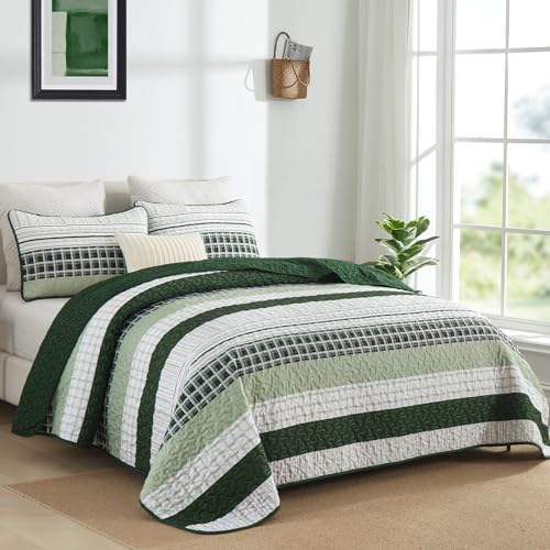 DJY Striped Quilt Set King Size, Green Boho Bedspread Set 3 Pieces Patchwork Coverlet Bedding Set Lightweight Soft Microfiber for All Season (104"x90") - color: Green, size: King
