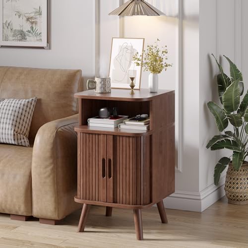 Alohappy Nightstand Set of 2, Mid Century Modern End Table with Storage, Fluted Bedside Table, Wooden Curved Profile Night Stands with Sliding Tambour Door for Bedroom, Living Room, Walnut - color: Walnut