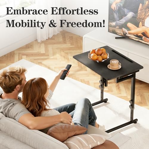 Adjustable Height Tv Tray Table,Portable Folding Tv Tray Dinner Snack Trays Table,Small Foldable C-Shaped End Table for Eating,Slide Under Couch Side with Sturdy MDF Top,No Assembly(Black+Black) - color: Black+black