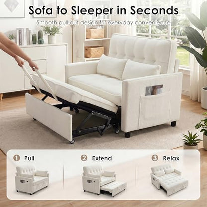 Dreamzie 55'' 3 in 1 Convertible Sofa Bed with USB Charging Ports, Pull Out Couch with Adjustable Backrest and Side Pockets, Sleeper Sofa for Living Room, Apartment, RV, Easy Assembly - Beige - color: Beige