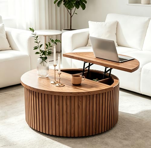 Fsbecl 34'' Round Fluted Lift Top Coffee Table with Hidden Storage, Walnut | Wooden Center Table, Lift Top Coffee Table for Living Room, Home Decor - color: Walnut