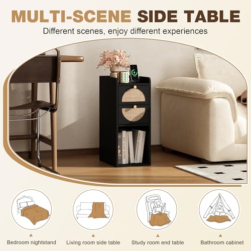 Narrow Nightstand (Rattan & Wood) - Small Bedside Table with 2 Drawers, Open Shelf, Mid Century Modern End Table - for Bedroom, Living Room & Small Spaces, Black - color: Black, size: 7.9"W (1 Pc)